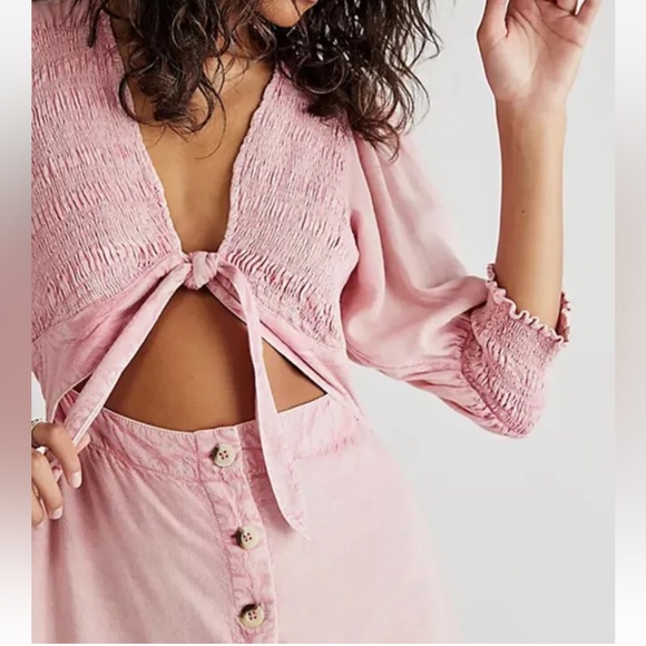 Free People String Of Hearts Maxi Dress Smocked Buttondown Cutout Pink - Picture 2 of 15
